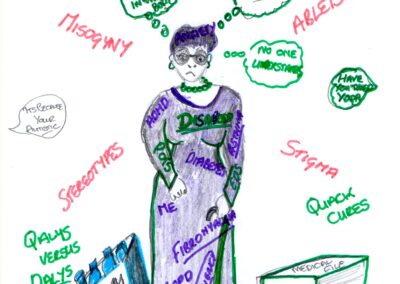 Menyw yn dal ffon ac yn gwisgo sbectol a ffrog borffor, wedi'i hamgylchynu gan eiriau gwyrdd, coch a phorffor. O'i chwmpas mae'r geiriau 'Rhwystrau', 'Anghydraddoldebau', 'Misogynedd', 'Ableddiaeth', 'Stigma', 'Stereoteipiau' ac 'Atebion Cwac'. Mae swigod meddwl uwchben ei phen yn darllen 'Rwy'n gaeth yn y corff hwn', 'Pam na fyddan nhw'n gwrando' a 'Does neb yn deall'. Mae ei gwisg wedi'i gorchuddio â diagnosisau gan gynnwys 'ADHD', 'POTS', 'Diabetes', 'Fibromyalgia' a 'COPD'. Wrth ei thraed mae blwch wedi'i labelu 'Fy Holl Foddion' a llyfr trwchus wedi'i labelu 'Ffeil Feddygol'. Mae baner borffor uwch ei phen yn darllen 'Anabl ond ddim yn ddigon anabl'.