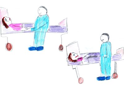 A two-part coloured sketch showing a patient and a medical professional. In the first drawing, a sad-looking woman lies in a hospital bed. A person in medical scrubs sits on the edge of the bed, leaning towards her, holding her hand. In the second drawing, the same woman lies smiling in bed, while the person in blue scrubs now stands upright at the foot of the bed, also smiling.