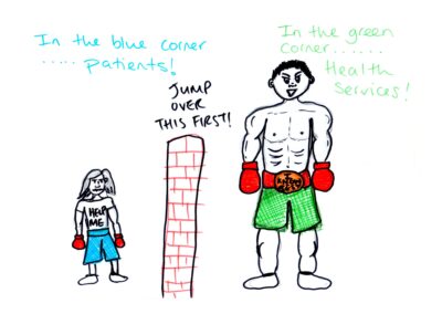 A sketch depicting a patient and the health services as boxers. On the left, a small woman wearing blue boxing shorts and a t-shirt that says, ‘Help Me’ stands under the text, ‘In the blue corner… patients!’. On the right, a much larger, muscular male boxer in green shorts and red gloves stands under the text, ‘In the green corner… Health Services!’. The large boxer wears a championship belt that says, ‘I Know Best’. Separating the two boxers is a tall red brick wall with the instruction, ‘Jump over this first!’ written above it.