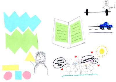 A compilation of multiple drawings depicting the artist’s current life. A worried women piecing shapes together. A figure with large muscles holding a bar bell, a car driving down a road, and a book,. At the bottom of the page, a community of figures stand under a yellow sun saying, ‘I know how you feel’ and ‘I understand’.