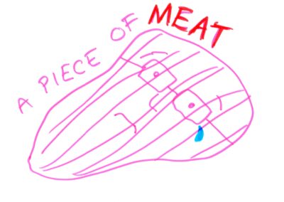 A pink drawing of a slab of meat with a sad face wearing rectangular glasses and shedding a blue tear. Above the drawing, the words ‘a piece of’ are written in pink, followed by the word ‘meat’ in bold red capital letters.