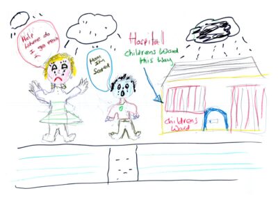 A colourful image of a mother and child standing outside a children’s hospital in the rain. Both mother and son are crying and the mother is saying, ‘Help where do I go now’ and the son is saying ‘Mam I’m scared’.