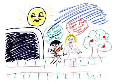 A colourful image of a mother and child standing under a smiling yellow sun. To their left is a dark cave and to their right is an apple tree. Both people are smiling and the child has their hands in the air.