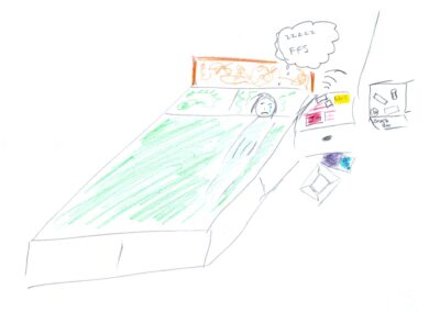 A crying woman lying awake in her bed. She has a thought bubble above her containing ‘ZZZZZ’ and ‘FFS’, indicating that she wants to be sleeping. On her bedside draw are lots of medications and a vibrating device.
