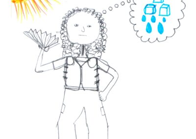 A woman wearing a cooling vest and holding a fan beneath a bright yellow sun. A thought bubble above her head contains ice cubes, indicating she is wanting to cool down.