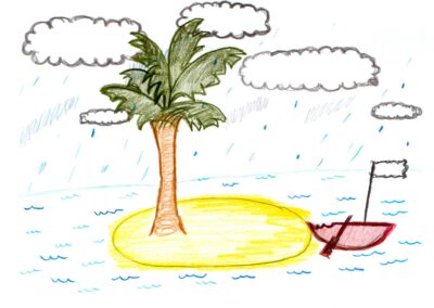 A small, yellow desert island, with a palm tree, in the middle of a blue ocean. To the right of the island is a small, broken rowboat with a white flag. Dark grey rain clouds fill the sky.