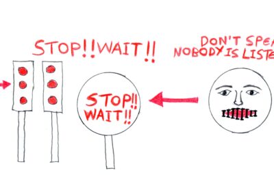 Red traffic lights and a sign saying, ‘Stop! Wait!’ symbolises blocked communication. Next to the road signs, a face with its mouth stapled shut and red text reads: ‘Stop!! Wait!! Don’t speak nobody is listening’.