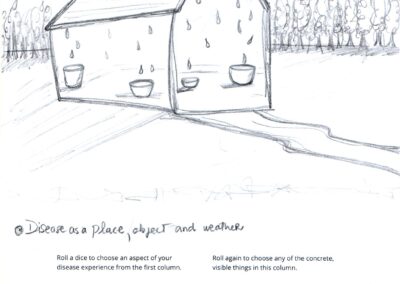 A pencil drawing of a garden shed surrounded by trees on a rainy day. The shed has holes in the roof and inside rain can be seen falling into four buckets.