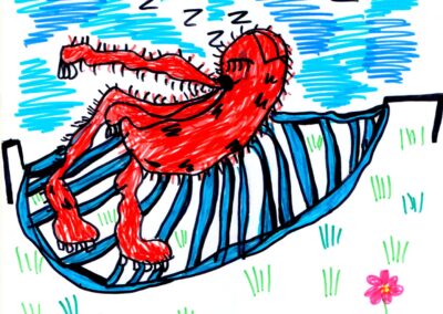 A vibrant red sloth sleeping on a blue hammock. It is a sunny day and below the sloth are pink flowers.