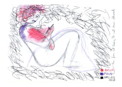 A raw pencil sketch of a person curled in a foetal position, looking at a phone, is surrounded by heavy, dark scribbles, representing ‘hopelessness’. Red scribbles cover their head and chest, representing ‘anger’ and purple scribbles cover their neck, representing ‘pain’.