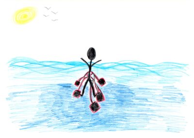 A person with weights attached to their legs is struggling to stay afloat in blue water. A yellow sun shines above them.